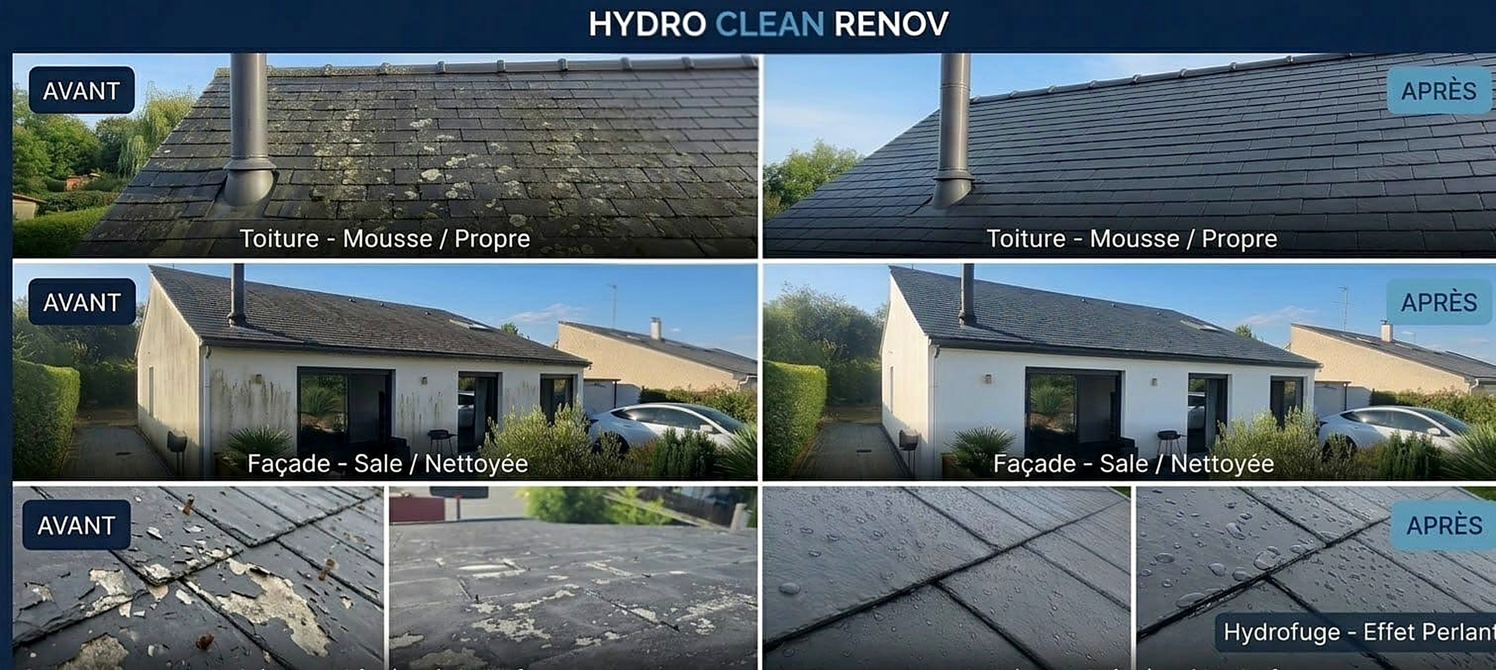 Chantier HYDRO CLEAN RENOV sur une maison à Othis : toiture, façade et traitement hydrofuge, avant et après